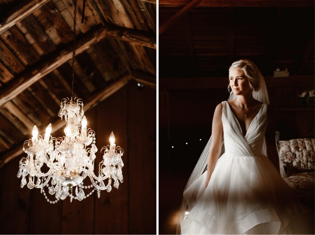 The chandelier and a bride looking out the window in Maple Meadows loft.