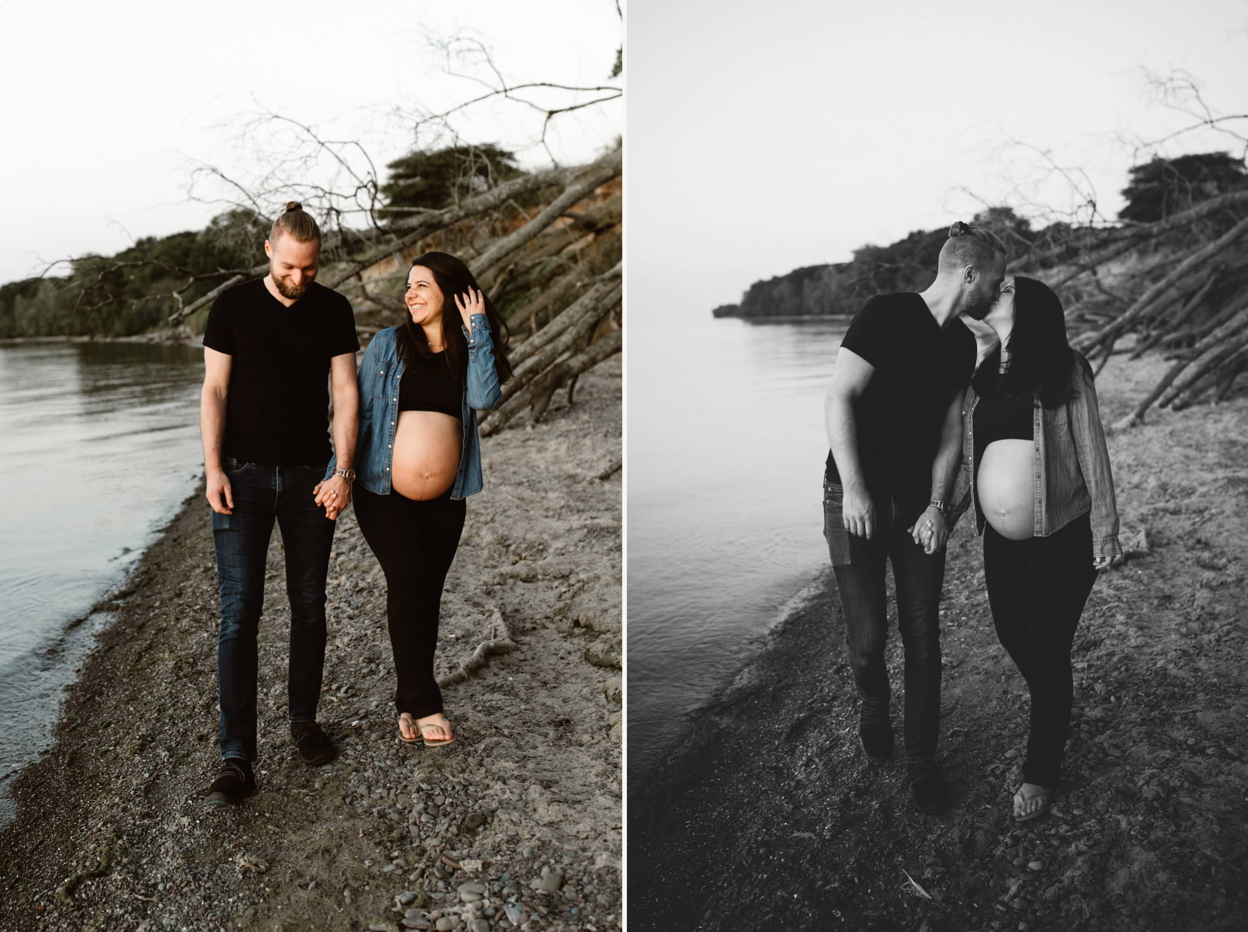 maternity couple walking on the beach at lake ontario